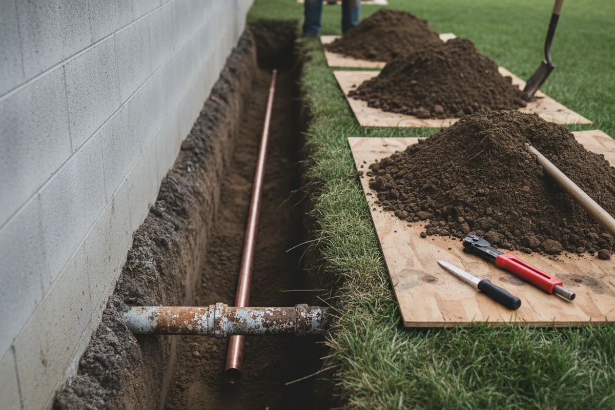 Excavated water line trench during Sewer Line Repair in Delmar